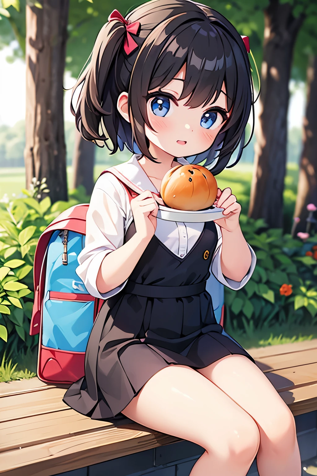 longshot、Cute girl smile、Sit on a park bench in summer and eat lunch