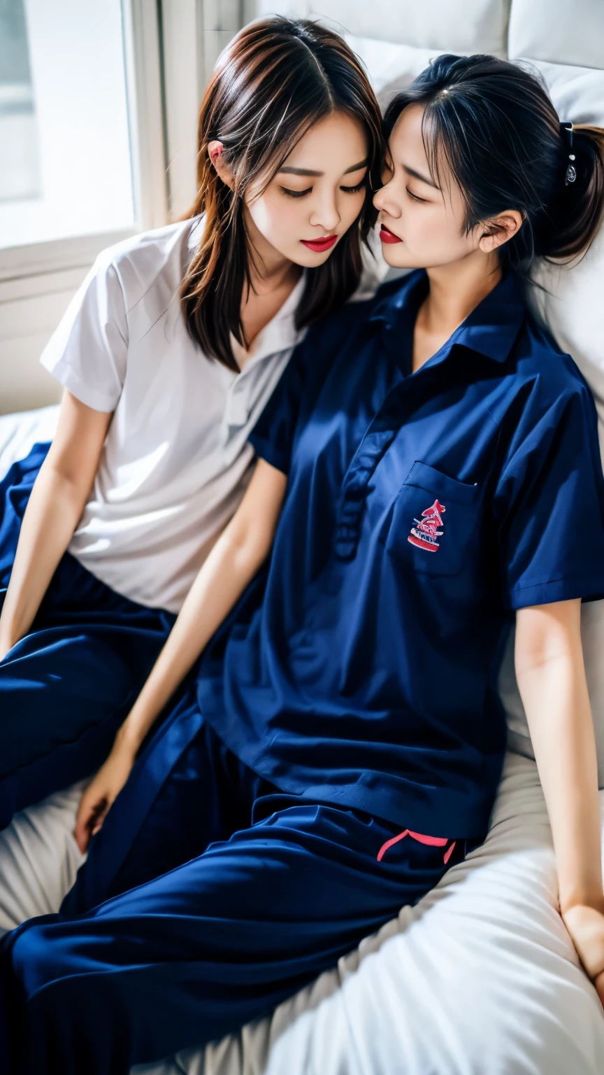 friendship，2 girls in the piano room, Navy blue short-sleeved shirt,Navy Long Trackpant,Sweatpants, Sweatpantsขายาว,25 year old girl, lesbian, sexy, lying on the bed., exercise clothes, have sex, Passionate kiss, Realistic kiss, two girls kissing