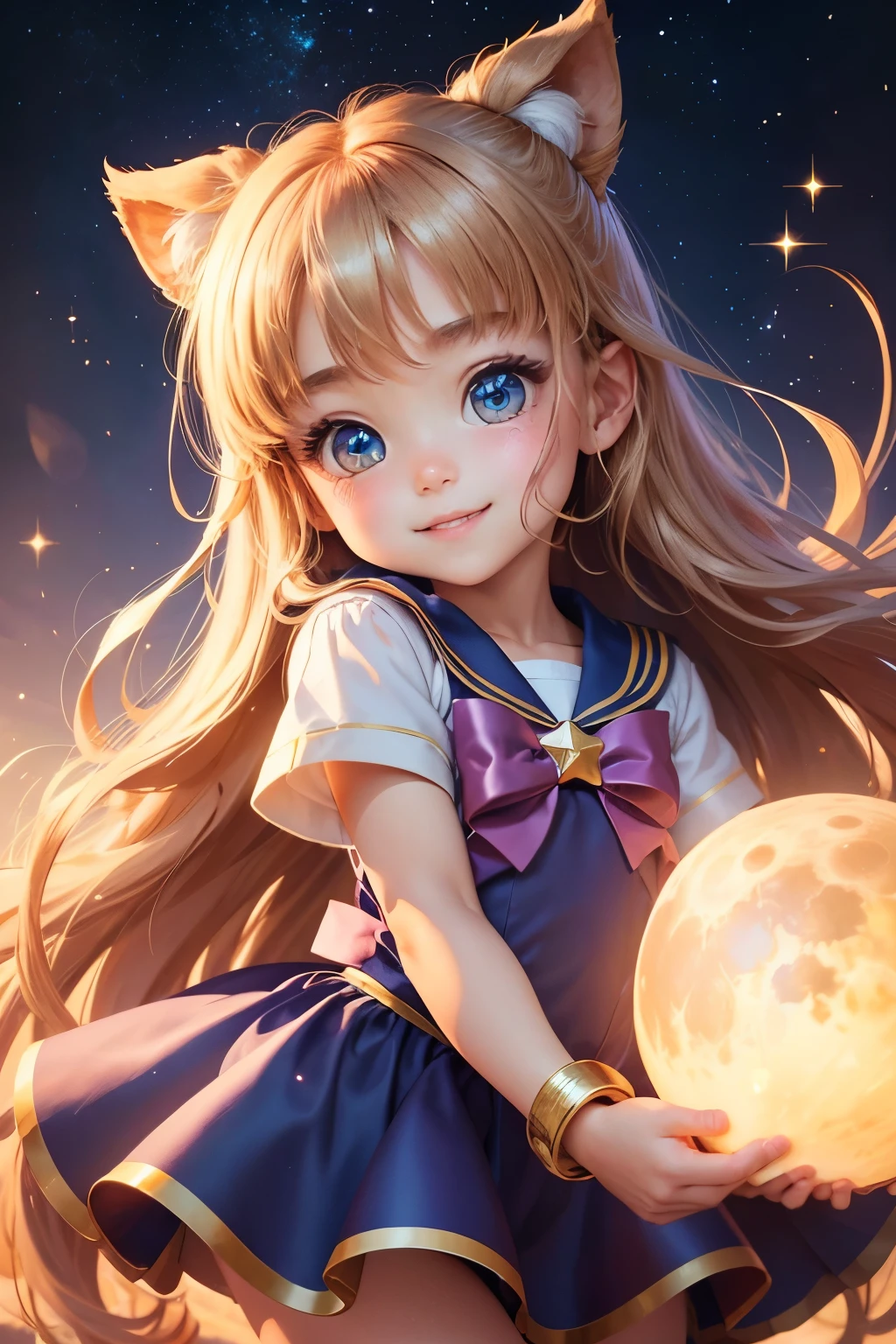 best image quality、detailed eyes、A little girl pretends to be a magical girl and plays、A fun and cute smile、The best smile、chibi character、super deformed、big head and small body、very cute little girl、golden long hair、Surprisingly large, round, blue, sparkling eyes、wearing a costume like sailor moon、In his right hand he holds a magic wand with a star on it.、A hero of justice who fights evil、Big full moon in the background、