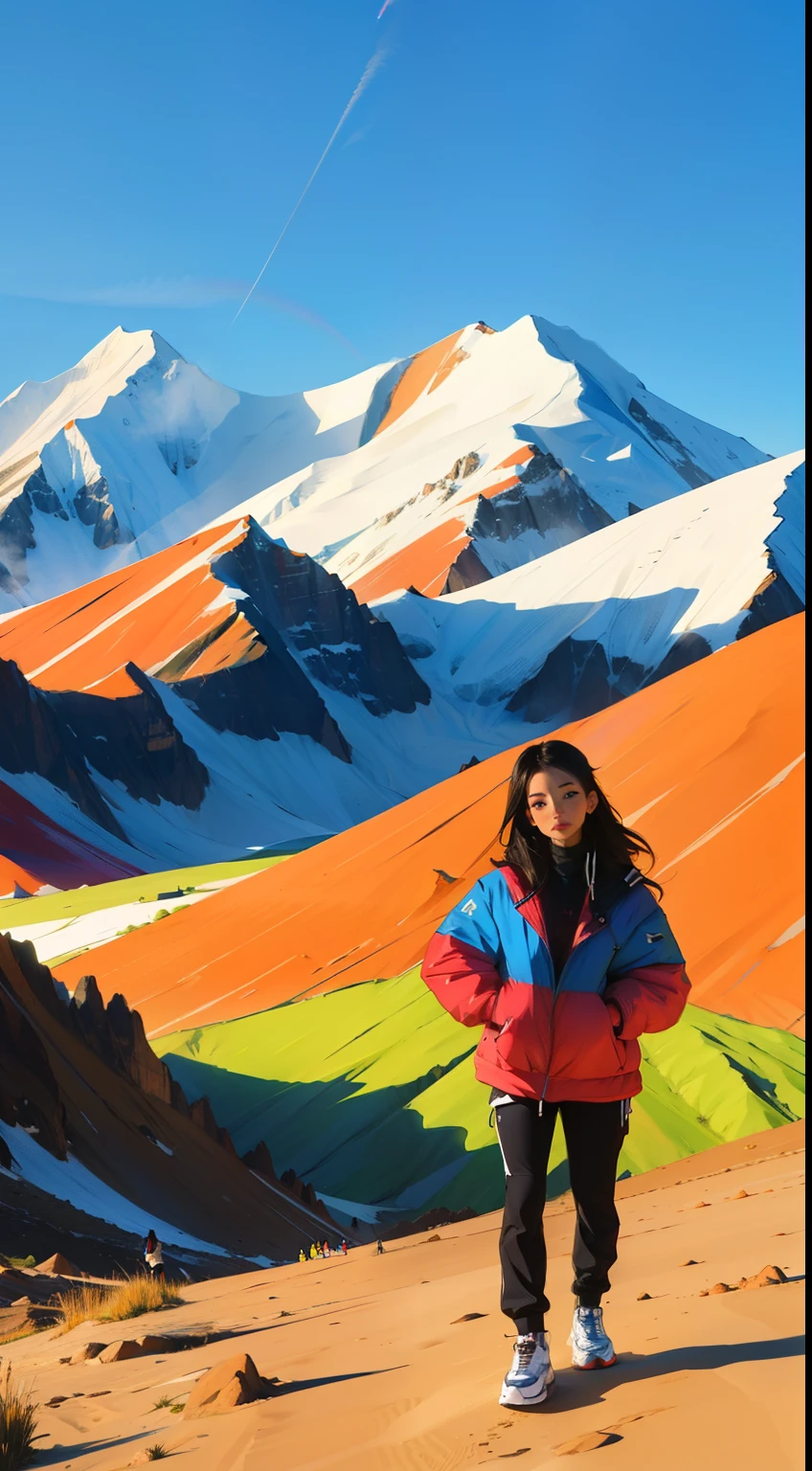 creative pose, landscape, mountain, Vinicunca, mountain de toute les couleurs, mountain arc en ciel, Beautiful girl, UHD Portrait, (high quality) (ultra detail) Observe viewers dressed in hip-hop-style street clothes; another, colourful, long hair 🌈
