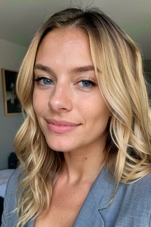 ((best quality)), ((masterpiece)), (detailed), perfect face, ((blonde)) with a face with Brazilian features, blue eyes, small nose, busty, Beautiful woman, (extra long wavy blonde hair), closed mouth, happy face, bedroom environment, (perfectly proportions), ((Portrait)), ultra photorealistic, photorealism, 8k, photograph, detailed face and eyes, higly detailed skin, 8k uhd, sharp focus, professional, best quality