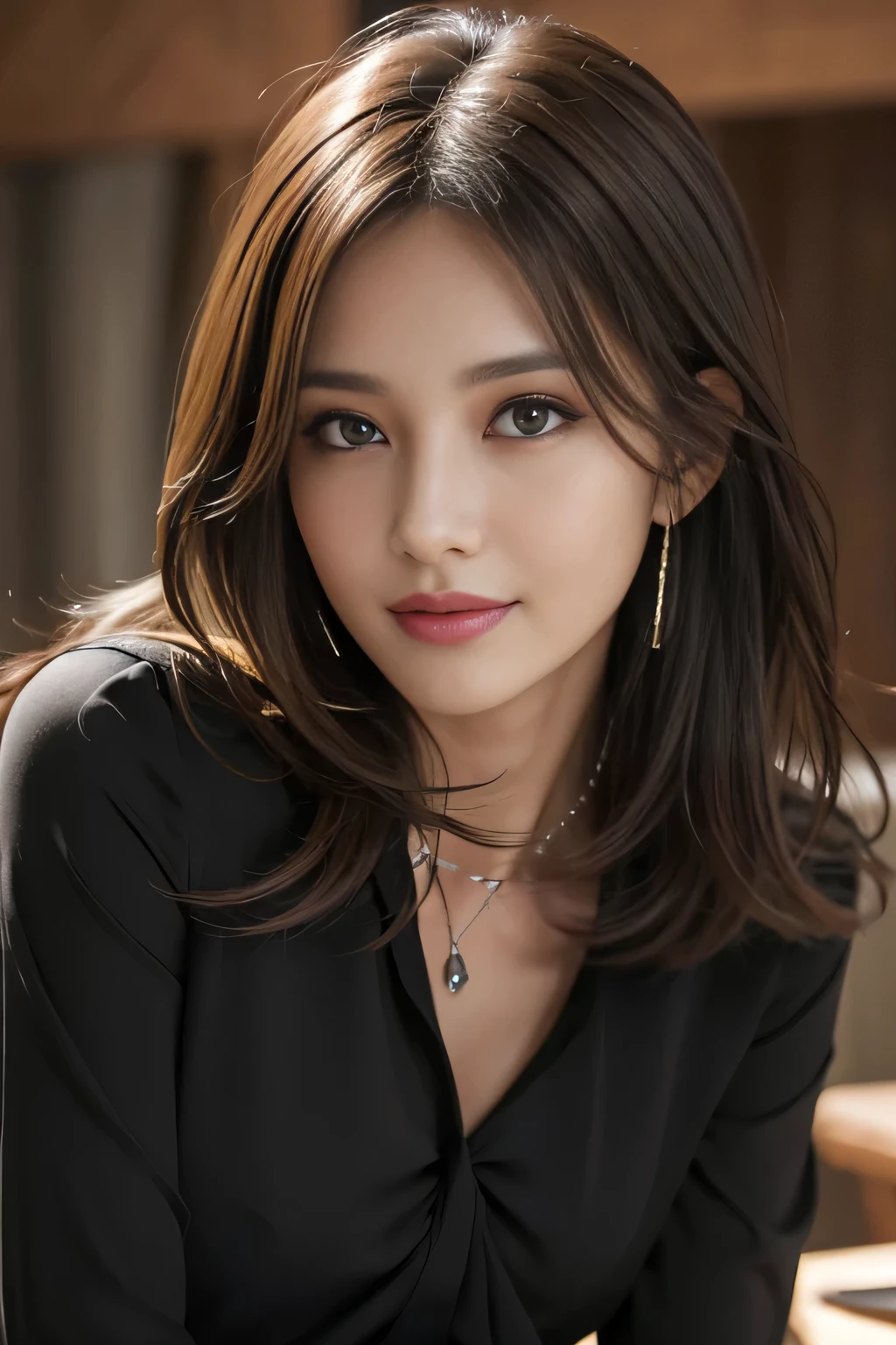 table top, highest quality, realistic, Super detailed, finely, High resolution, 8k wallpaper, 1 beautiful woman,, light brown messy hair, He is wearing a black dress shirt with an open collar., sharp focus, perfect dynamic composition, beautiful and detailed eyes, thin hair, Detailed realistic skin texture, smile, close-up portrait, model body shape