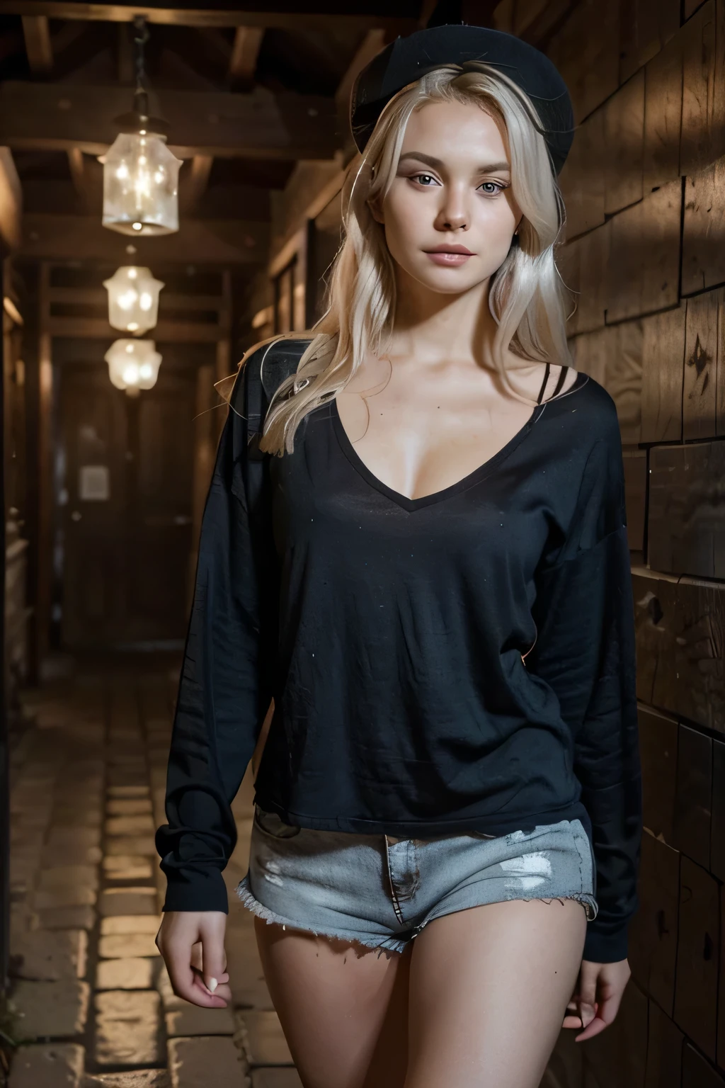 8K high resolution realistic photo. A pretty 22 year old woman with light blonde hair and slightly blue eyes. Cup size 75C. The upper body can be seen down to the chest. A slight smile and her long neck underline her narrow face. Die Lippen Hellrosa. No makeup accentuates her natural paleness and near-perfect skin. Die Regenbogenhaut der Augen ist leicht Hellblau Blau mit vielen Blau Abstufungen. Die Form der Iris ist von Natur aus rund. The students are medium sized. She has slight dimples, die ihr ein unschuldiges Aussehen verleihen. She has voluminous peroxide blonde, almost white hair. Die Augenbrauen sind von Natur aus schmal und leicht gezupft. She is wearing a dirty long shirt and shorts. She lies on a gravesite. Sie geht einen dunklen Flur entlang, der nur von Fackeln an der Wand beleuchtet wird. the mood is mysterious and cozy. Es ist ein Foto wie aus einem Magazin alles dreht sich um die Location und mitten drin das Model. Sie hat abgenommen das sieht man.