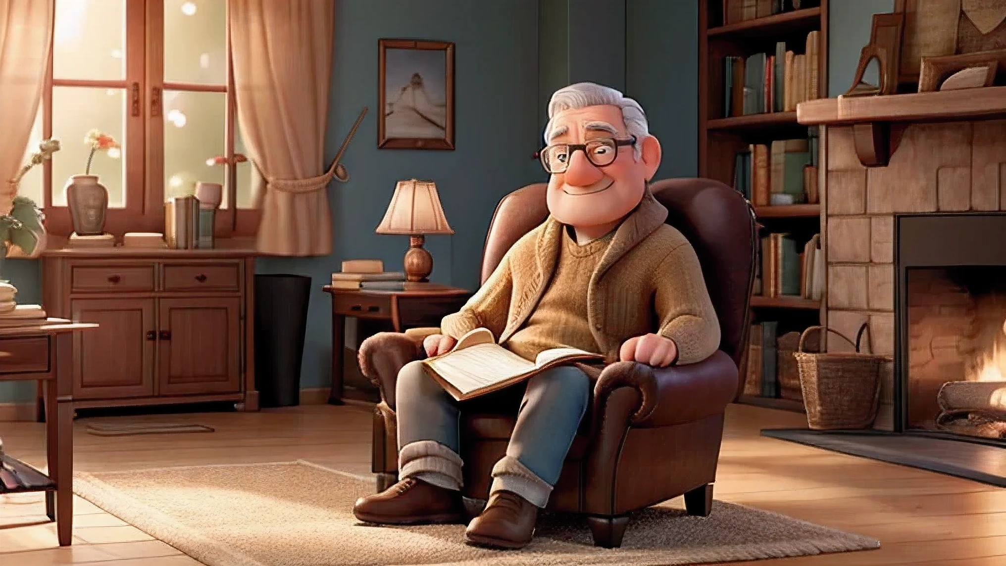 Setting:
In the heart of a warm and inviting living room, the stage is set for a scene of comfort and connection. Soft, ambient lighting bathes the room in a gentle glow, creating a cozy atmosphere. Plush cushions and a well-worn, oversized armchair provide the perfect reading nook, while a crackling fireplace completes the comforting ambiance.
Dad's Attire:
The dad is dressed in a comfortable sweater and a pair of well-loved, faded jeans. His socks, peeking out from beneath the cuffs of his pants, suggest an air of relaxation. A pair of cozy slippers rest nearby, evidence of a well-deserved break.
Posture:
Seated in the oversized armchair, the dad leans back comfortably, embracing the plush cushions for added support. One leg is crossed casually over the other, reflecting a sense of ease. With one arm draped over the armrest and the other cradling a book, he radiates contentment.
Expression:
A gentle smile plays on the dad's face as he immerses himself in the world of the book. His eyes, lit up by the soft glow of the reading lamp, reveal a sense of tranquility and joy. The lines on his face hint at the wisdom of experience and the love he brings to the moment.
Surroundings:
The room is adorned with personal touches, such as family photographs on the nearby wall and a small table holding a cup of steaming tea. A cozy blanket is neatly folded over the arm of the chair, inviting the idea of shared moments and comfort. A few well-loved children's books are scattered nearby, perhaps hinting at a storytime ritual.
Details:
The air is filled with the subtle scent of a burning candle, adding an extra layer of warmth to the scene. A pair of reading glasses rests atop the open book, signaling a quiet moment of introspection. The flickering flames in the fireplace cast a gentle dance of shadows, contributing to the overall serenity of the setting.
This detailed character description aims to capture the essence of a dad immersed in a tranquil reading experience, invitin