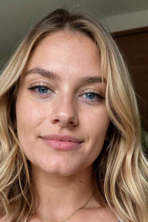 ((best quality)), ((masterpiece)), (detailed), perfect face, ((blonde)) with a face with Brazilian features, blue eyes, small nose, busty, Beautiful woman, (extra long wavy blonde hair), closed mouth, happy face, bedroom environment, (perfectly proportions), ((Portrait)), ultra photorealistic, photorealism, 8k, photograph, detailed face and eyes, higly detailed skin, 8k uhd, sharp focus, professional, best quality, front photo