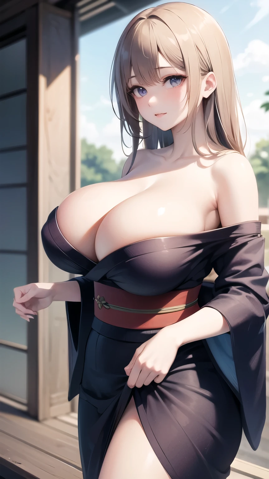 (huge breasts), (((masterpiece, best quality))), cute girl, ((extremely detailed girl)), yukata, bare shoulders, soft and smooth skin, long hair