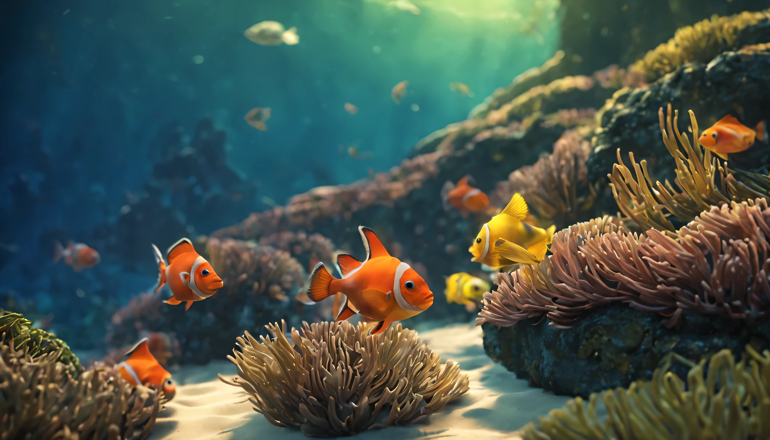 /imagine prompt: 3d animation, personality: [underground ocean , colorful fishes, high quality, best quality, 4k, 8k quality, Ultra HD, bloom, bokeh, artistic stylistic choices, premium quality, highlights, rim highlights, realistic, anime, cool looking, depth of field] unreal engine, hyper real --q 2 --v 5.2 --ar 16:9