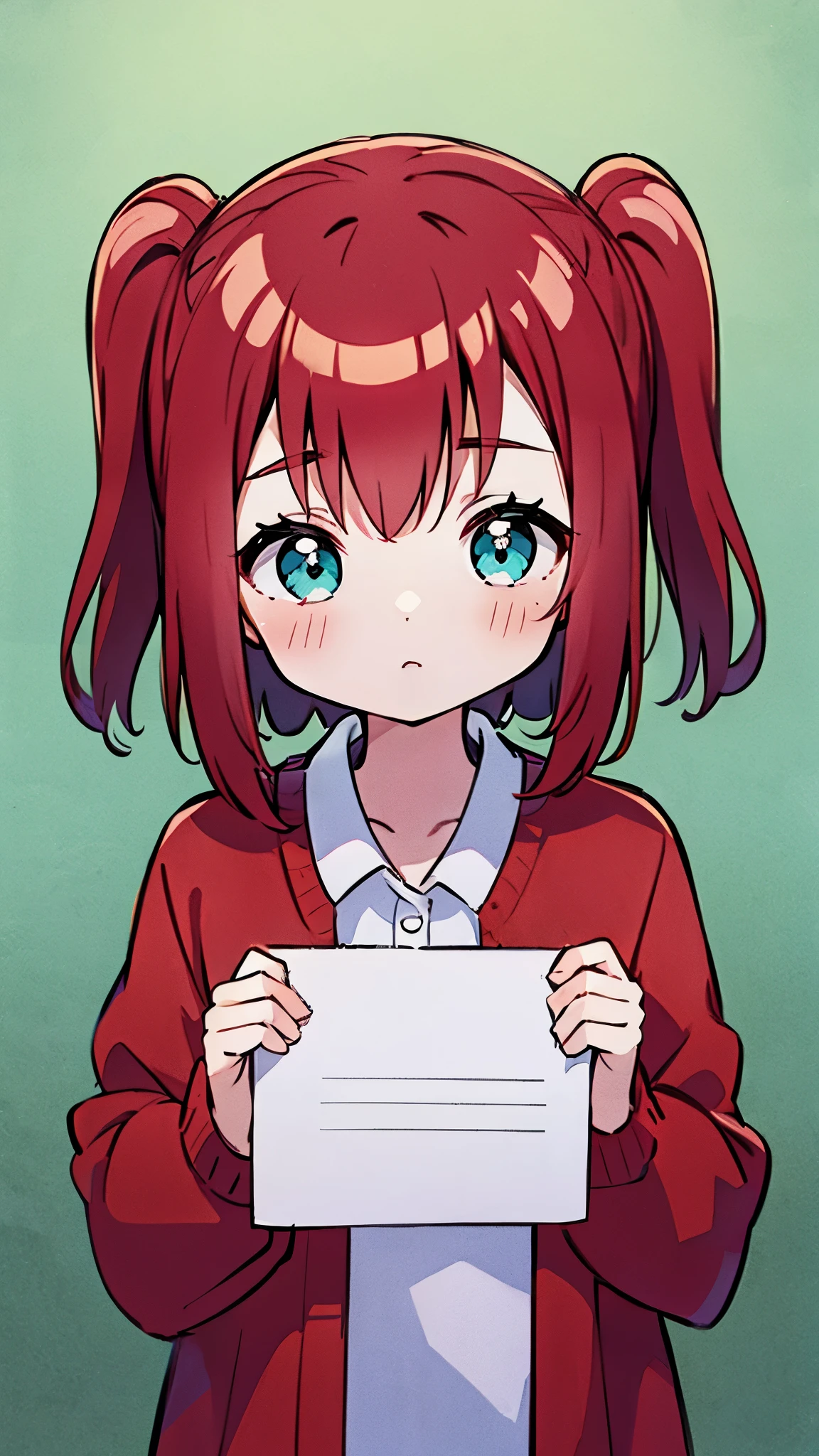 Ruby kurosawa, aqua eyes, medium hair, red hair, two side up, twintails, , (holding a blank paper viewing it to the viewer:1.4)