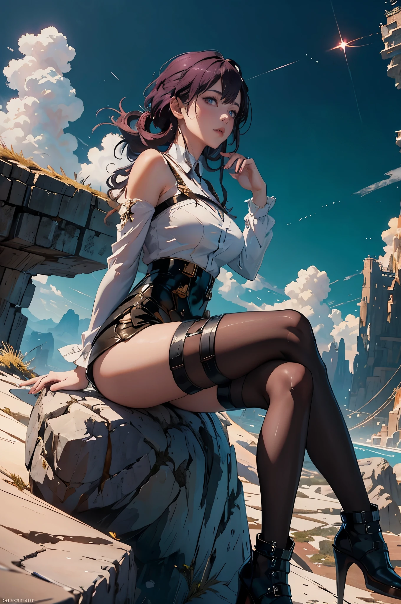 anime girl sitting on a rock looking at the sky,a sky piercing tower far far away, molly millions,((Best Quality)), ((masterpiece)), (Cinematic aesthetics:1.4) Long、A sexy、gorgeous view, depth, high detail, digital art, painted by greg rutkowski, painted by seb mckinnon, trending on artstation