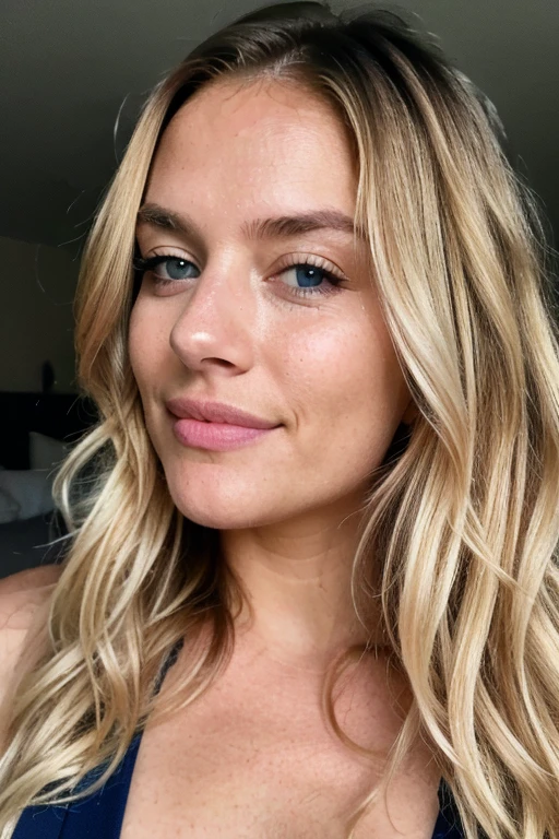 ((best quality)), ((masterpiece)), (detailed), perfect face, ((blonde)) with a face with Brazilian features, blue eyes, small nose, busty, Beautiful woman, (extra long wavy blonde hair), closed mouth, happy face, bedroom environment, (perfectly proportions), ((Portrait)), ultra photorealistic, photorealism, 8k, photograph, detailed face and eyes, higly detailed skin, 8k uhd, sharp focus, professional, best quality,