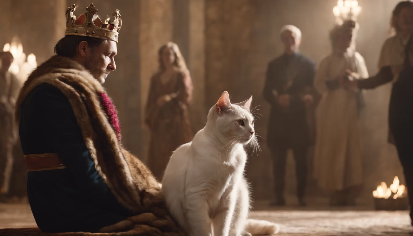 A beautiful scene with humans as citizens and a cat being the king of everything