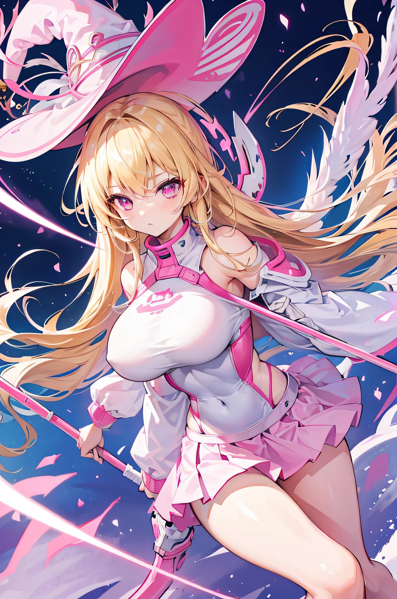 4K,High resolution,one woman,blonde,long hair,pink eyes,big breasts,wizard,white tight cyber suit,pink skirt,pink headwear,White cane,city of the future