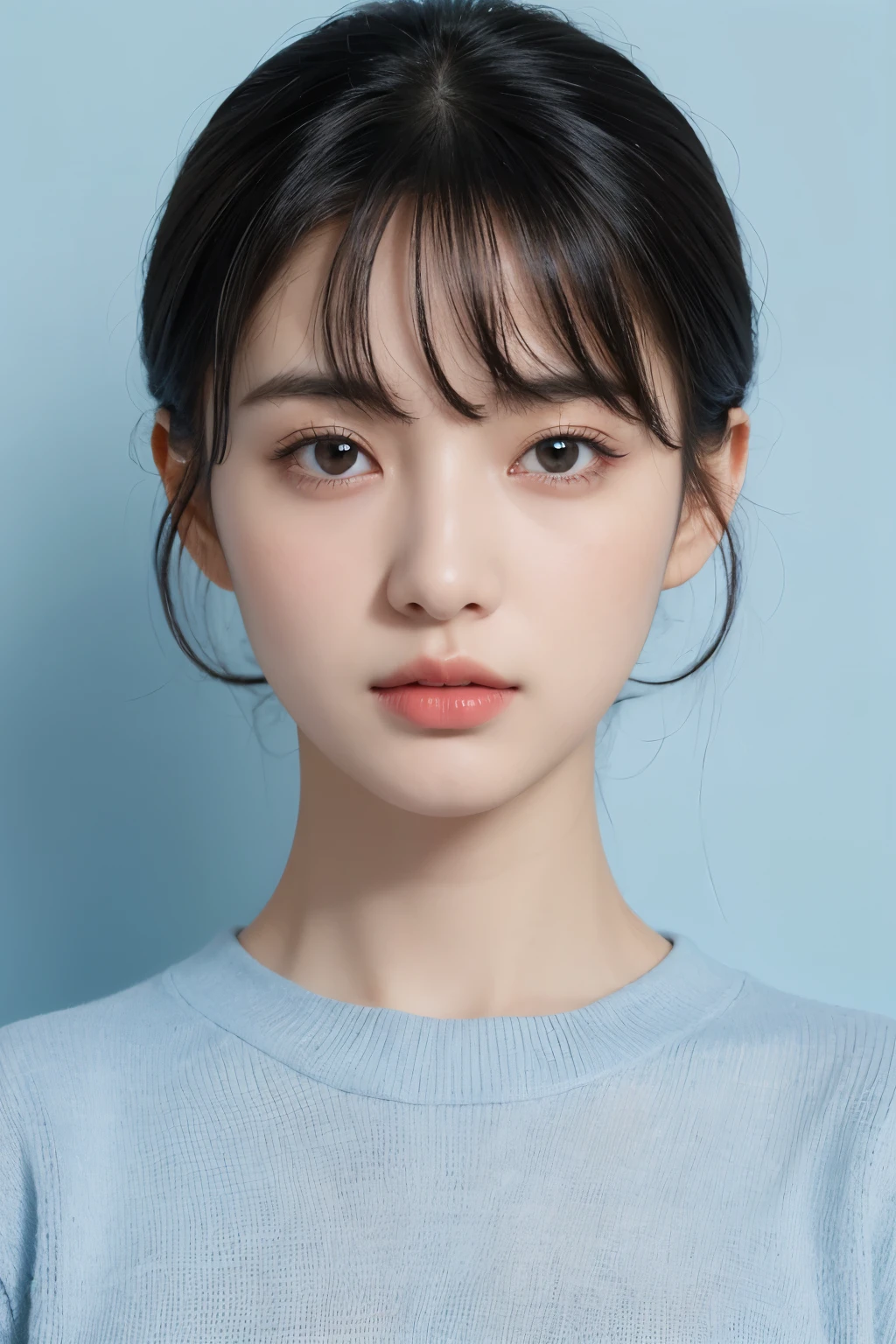 (highest resolution, clearly_image) best quality, individual, a woman, alone, masterpiece, Very detailed, semi-realistic, short black hair, black hair, Bangs, 18 years old, Mature, light blue , indoor background, Moderate, Authority, powerful, Exquisite facial features, Exquisite facial features