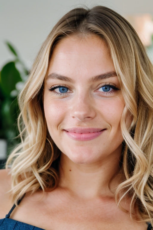 ((best quality)), ((masterpiece)), (detailed), perfect face, ((blonde)) with a face with Brazilian features, blue eyes, small nose, busty, Beautiful woman, (extra long wavy blonde hair), closed mouth, happy face, bedroom environment, (perfectly proportions), ((Portrait)), ultra photorealistic, photorealism, 8k, photograph, detailed face and eyes, higly detailed skin, 8k uhd, sharp focus, professional, best quality, picture frame