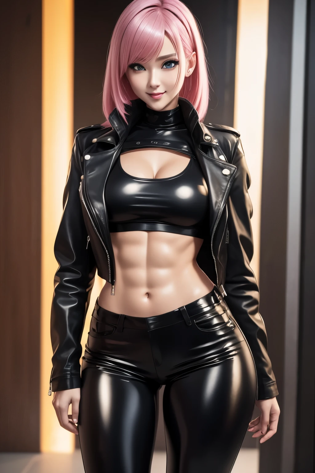 best quality, 32k, RAW photo, incredibly absurdres, extremely detailed, cool beauty, wearing black leather rider's jacket, black leather pants, black leather engineer boots, glossy pink hair, amorous expression, lewd expression, (abs:1.1), slender, great proportion, professional lighting