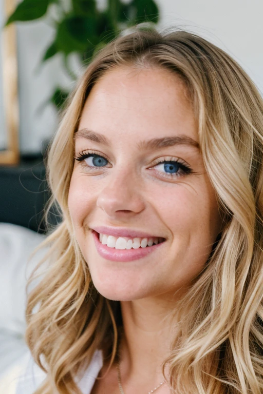 ((best quality)), ((masterpiece)), (detailed), perfect face, ((blonde)) with a face with Brazilian features, blue eyes, small nose, busty, Beautiful woman, (extra long wavy blonde hair), happy face, bedroom environment, (perfectly proportions), ((Portrait)), ultra photorealistic, photorealism, 8k, photograph, detailed face and eyes, higly detailed skin, 8k uhd, sharp focus, professional, best quality, picture frame
