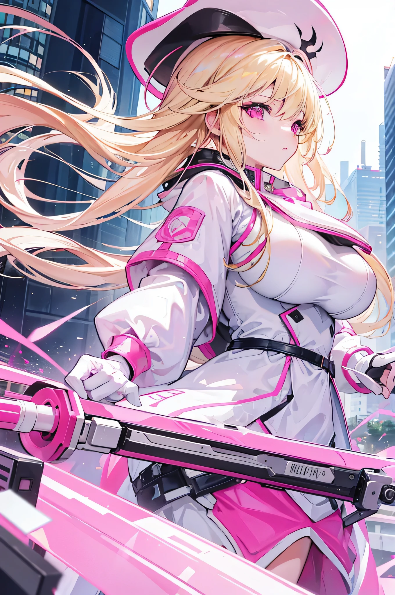 4K,High resolution,one woman,blonde,long hair,pink eyes,big breasts,wizard,white tight cyber suit,pink skirt,pink headwear,White cane,city of the future