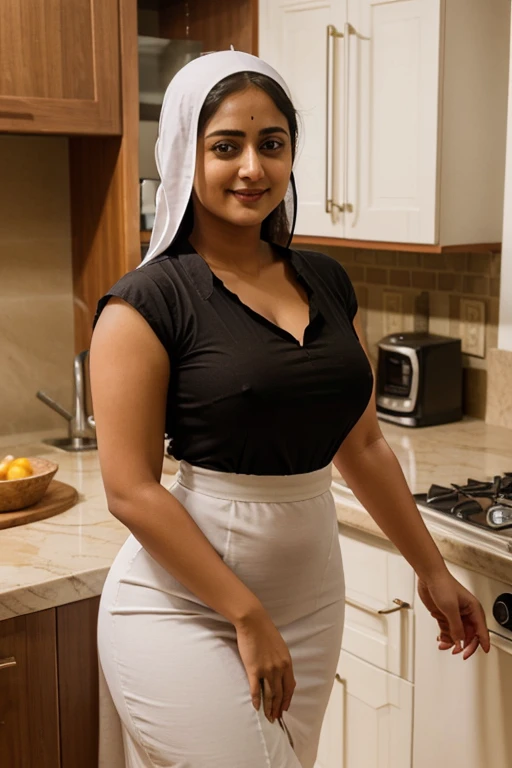 Anushka Shetty, curvy, British, 20s, catholic nun, smile, kitchen