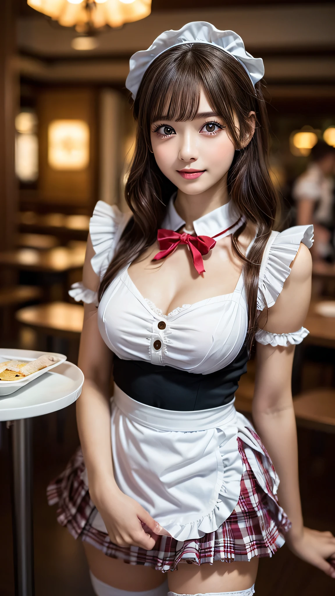 (1young girl), Brown hair, Amazing face and eyes, Pink eyes, enchanting smile, (Maid cafe costume with frills, Pleated mini-skirt:1.5), (Maid cafe costume with wide open:1.2), bared chest, (amazingly beautiful girl), Brown hair, stylish hair ornament, (Best Quality:1.4), (Ultra-detailed), (extremely detailed CG unified 8k wallpaper), Highly detailed, High-definition raw color photos, Professional Photography, depth of fields, (View from below),