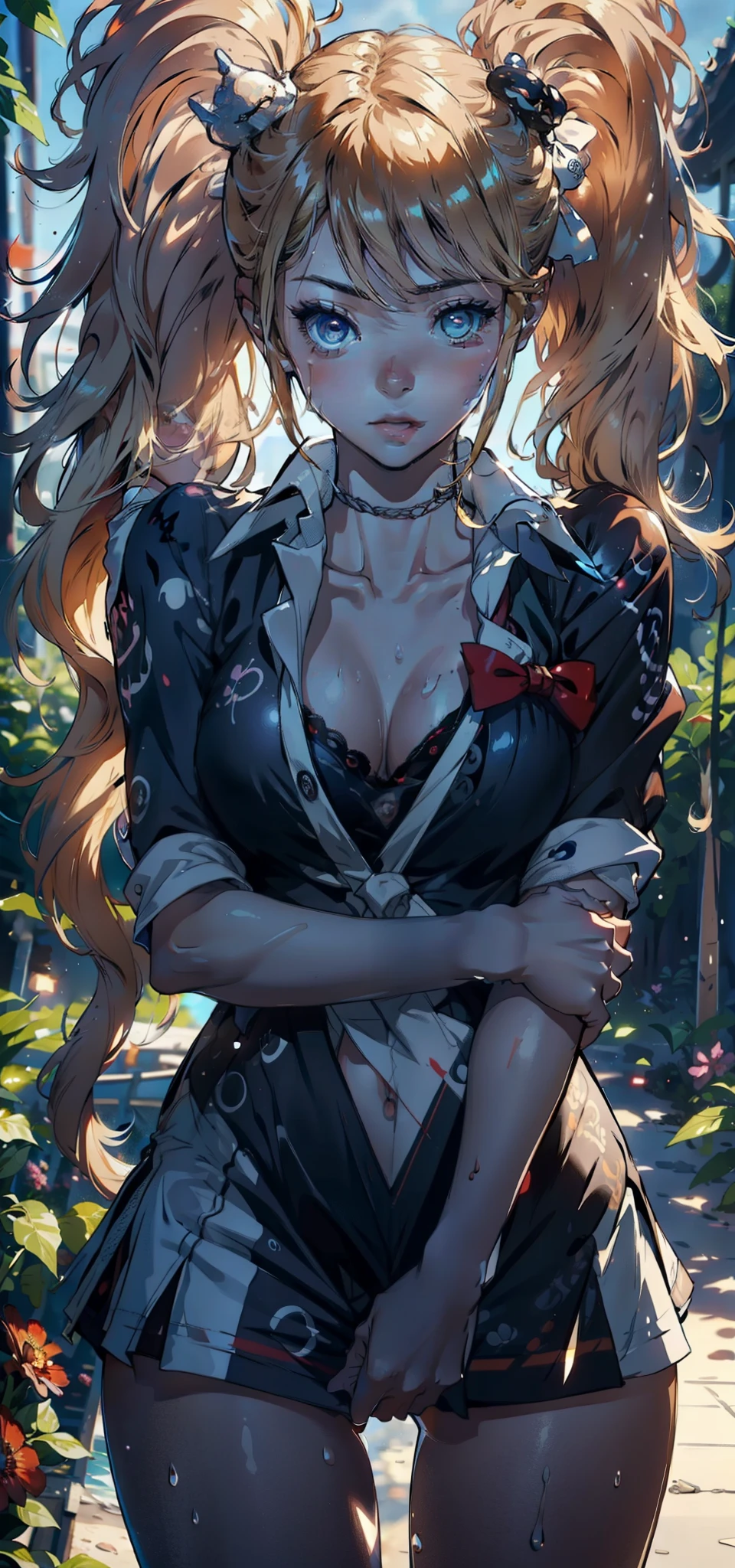 1female，25 age old，Slim，Large breasts，long leges，Big breasts Thin waist，Pornographic exposure， 独奏，（Background with：bamboo forrest，Stand in a sea of flowers，in summer） She has short blonde hair，standing on your feet，Sweat profusely，drenched all over the body，seen from the front， Twist braids， mostly cloudy sky，（（（tmasterpiece），（Very detailed CG unity 8K wallpaper），best qualtiy，cinmatic lighting，detailed back ground，beatiful detailed eyes，Bright pupils，（Very fine and beautiful），（Beautiful and detailed eye description），ultra - detailed，tmasterpiece，）），facing at camera，A high resolution，ultra - detailed），revealing breasts，Bare genitalia， Bulge，Camel toes，Raised sexy，Flushed complexion，Open-mouthed，frontage，Supergirl，elementary student（Wearing：Sailor uniform，Black socks，）nakeness，upper body photos