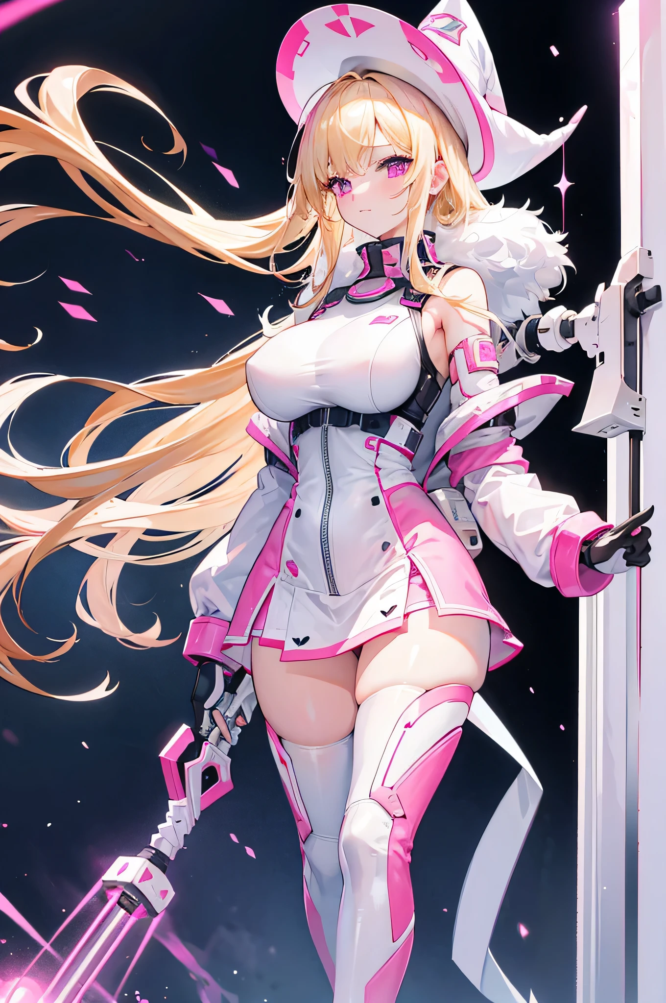 4K,High resolution,one woman,blonde,long hair,pink eyes,big breasts,wizard,white tight cyber suit,pink skirt,pink headwear,White cane,city of the future
