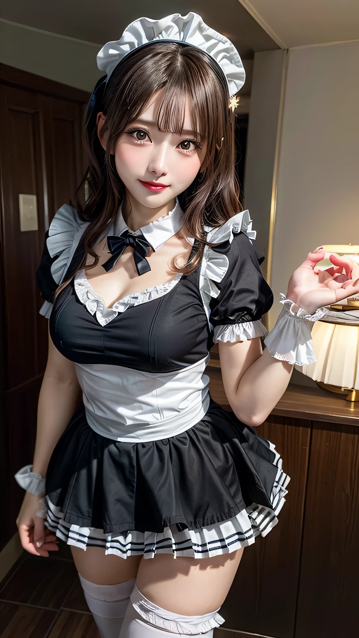 (1young girl), Brown hair, Amazing face and eyes, Pink eyes, enchanting smile, (Maid cafe costume with frills, Pleated mini-skirt:1.5), (Maid cafe costume with wide open:1.2), bared chest, (amazingly beautiful girl), Brown hair, stylish hair ornament, (Best Quality:1.4), (Ultra-detailed), (extremely detailed CG unified 8k wallpaper), Highly detailed, High-definition raw color photos, Professional Photography, depth of fields, (View from below),