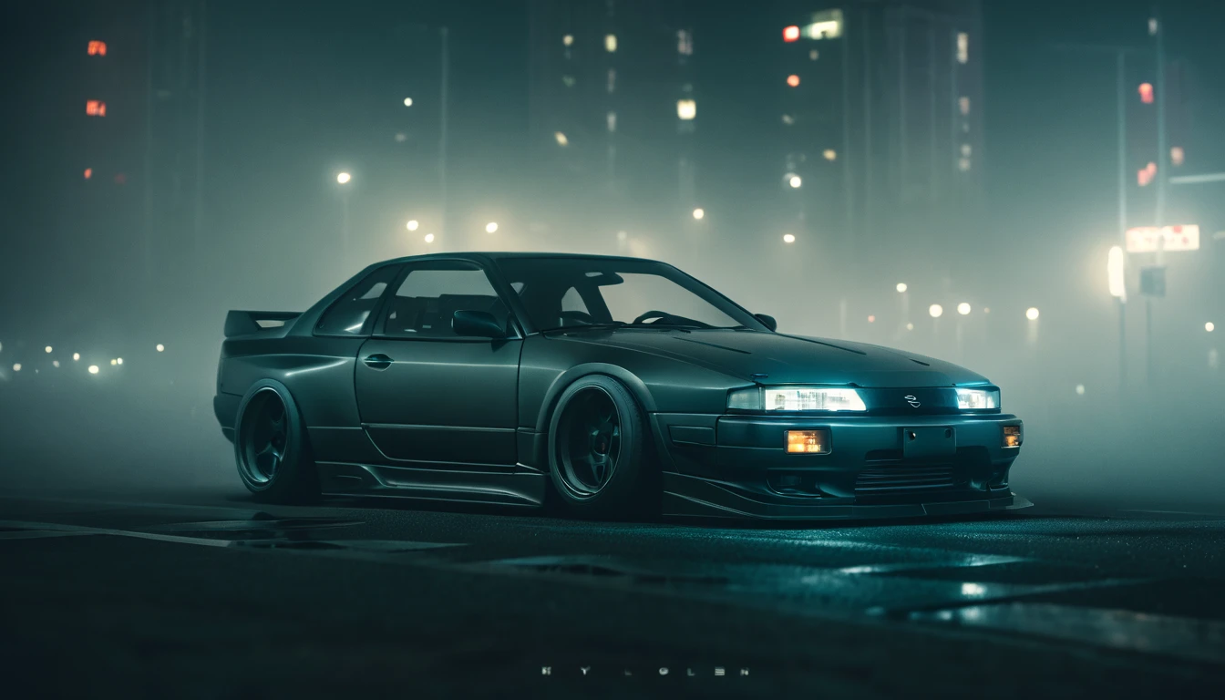 (intrincated details:1.2), (photorealistic), (masterpiece), (photography), cinematic lighting, cyberpunk city, fog, Nissan 240SX Coupe ????-1998, ground vehicle, motor vehicle, no humans, scenery, solo, vehicle focus, night time, front quarter