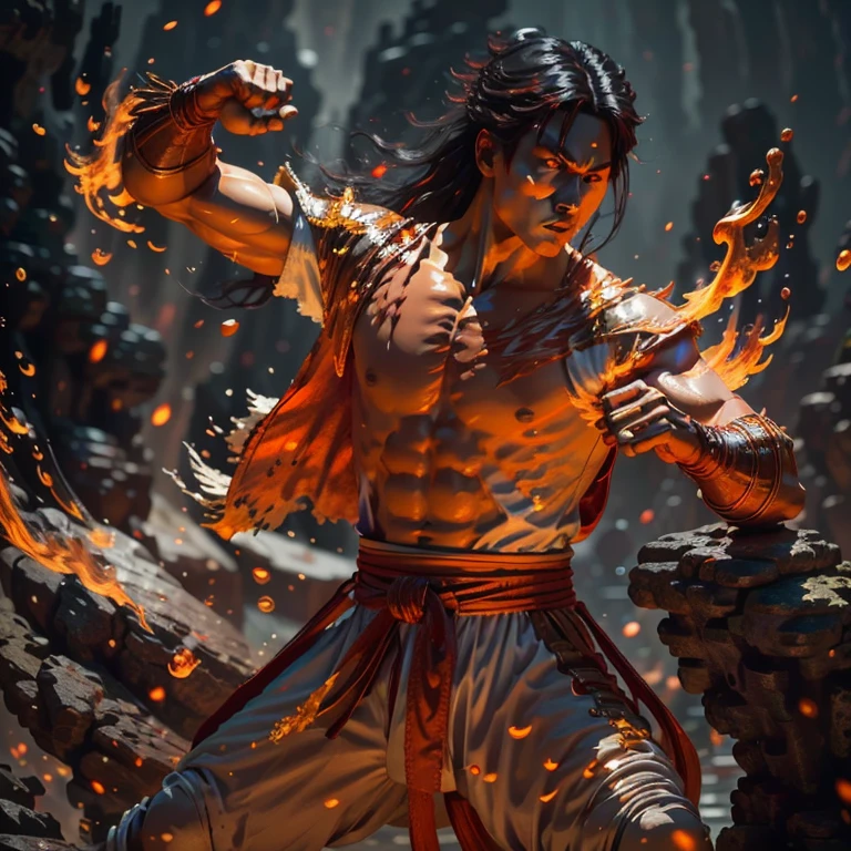 Masterpiece level, ultra high definition, Liu Kang with fiery hands and electrifying eyes, wearing traditional fighting outfit, yellow and red robe, emphasizing defined muscles, toned abs, short black hair, spiky and standing on a solid, textured background, fluid fire effects surrounding his hands, electric aura gleaming from his eyes, intensity captured in every detail, realism: 1.5.