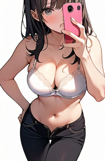 Anime girl takes selfie with smartphone, holding smartphone in front of covering face, sexy bra, pantie, navel, (((white background))), huge breasts, nude,
 thong,