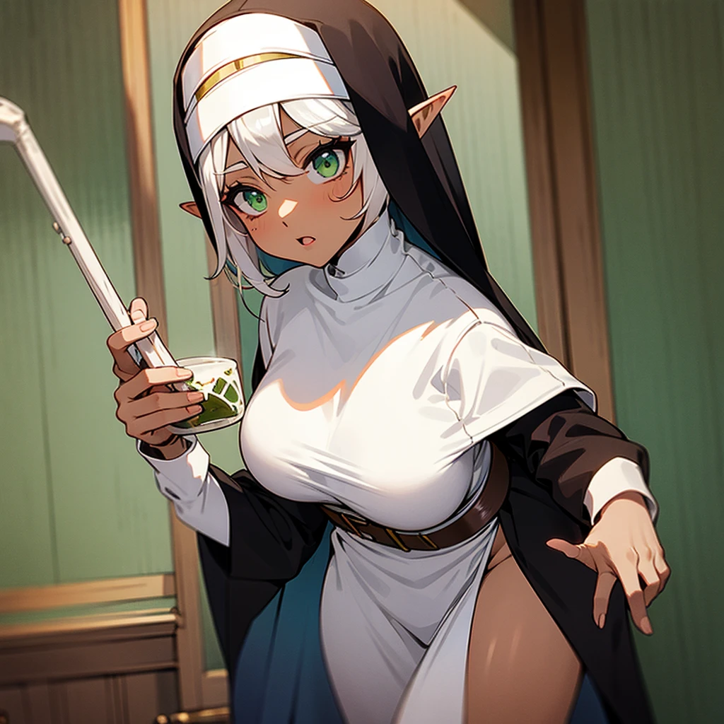 white elf nun pink eyes naked tan dark brown hair tits blushing crazy big tits covered in cum ahegao face happy crazy for cum a lot of cum too much cum covered in cum ahegao