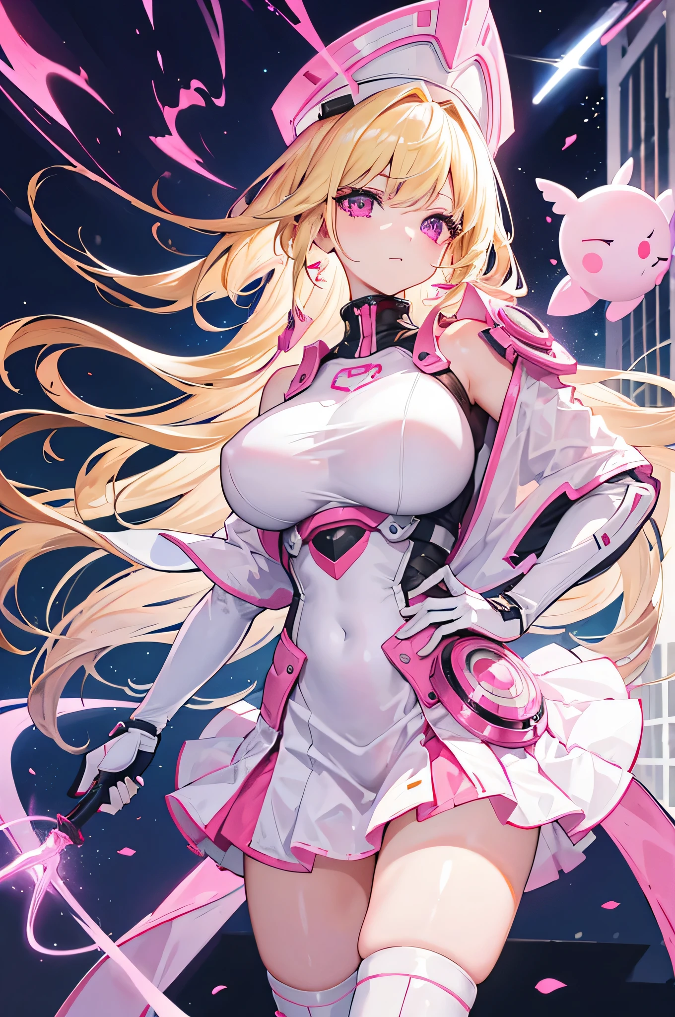 4K,High resolution,one woman,blonde,long hair,pink eyes,big breasts,wizard,white tight cyber suit,pink skirt,pink headwear,White cane,city of the future