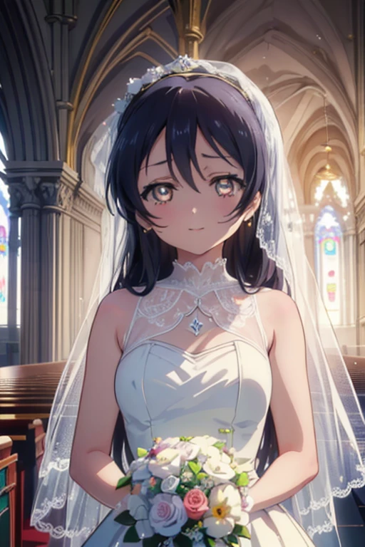 (((pixel perfect, detail perfect))), alone, 1 girl, Umi Sonoda, , looking at the viewer, smile,Wedding dress,veil,bouquet,church,chapel,(masterpiece:1.2), highest quality, High resolution, unity 8k wallpaper, (figure:0.8), (beautiful and fine eyes:1.6), highly detailed face, perfect lighting, Very detailed CG, (perfect hands, perfect anatomy),