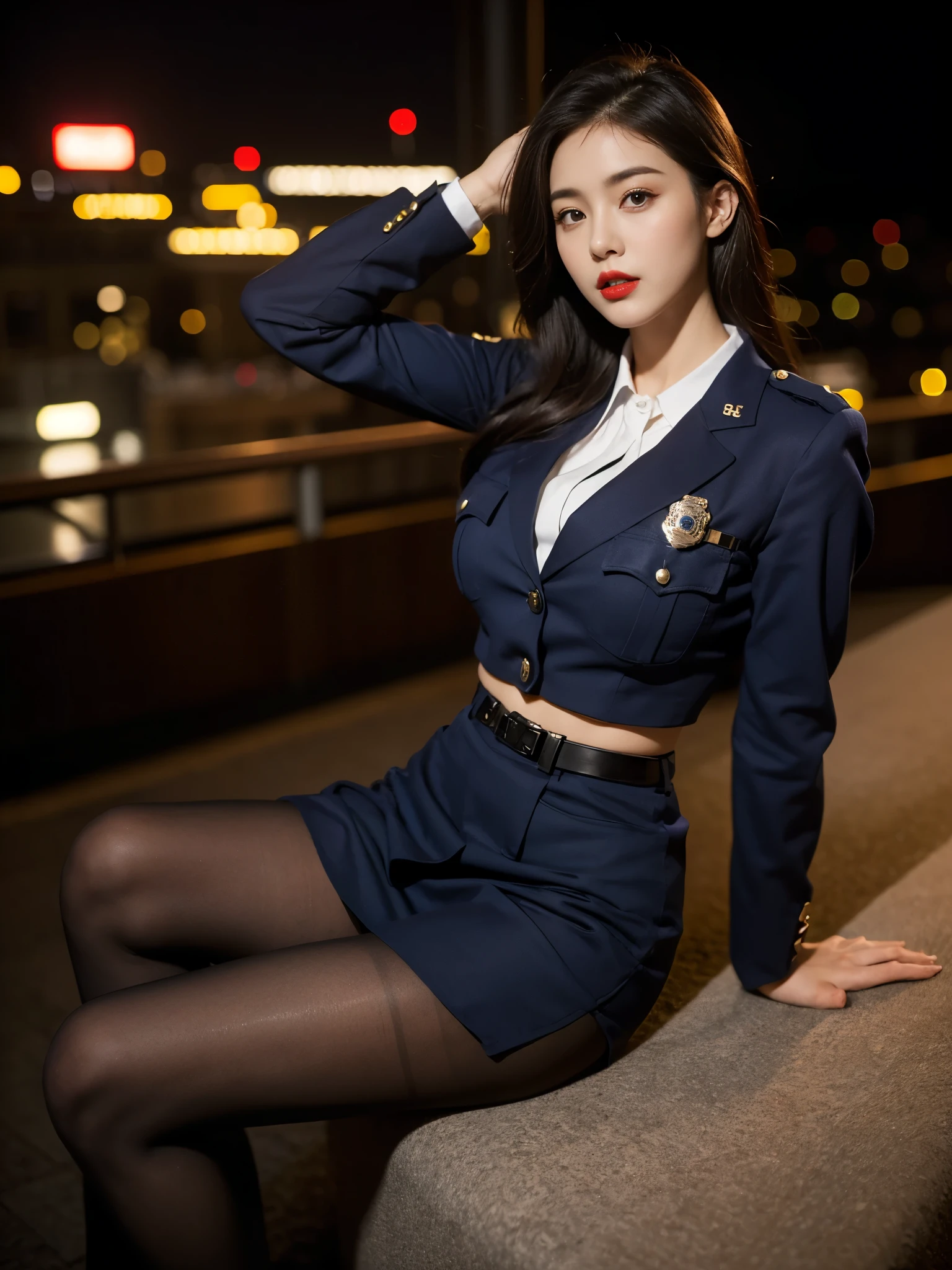 1womanl、(Super beautiful)、(beauitful face:1.5)、(A detailed face:1.1)、Clear pubic contours、(with spreading legs:1.1)、(Showing white panties)、(Dark blue mini skirt:1.1)、(police uniform with:1.3)、(Bare legs)、(Wear black shoes:1.1)、city street at night、(At SFW:1.1)