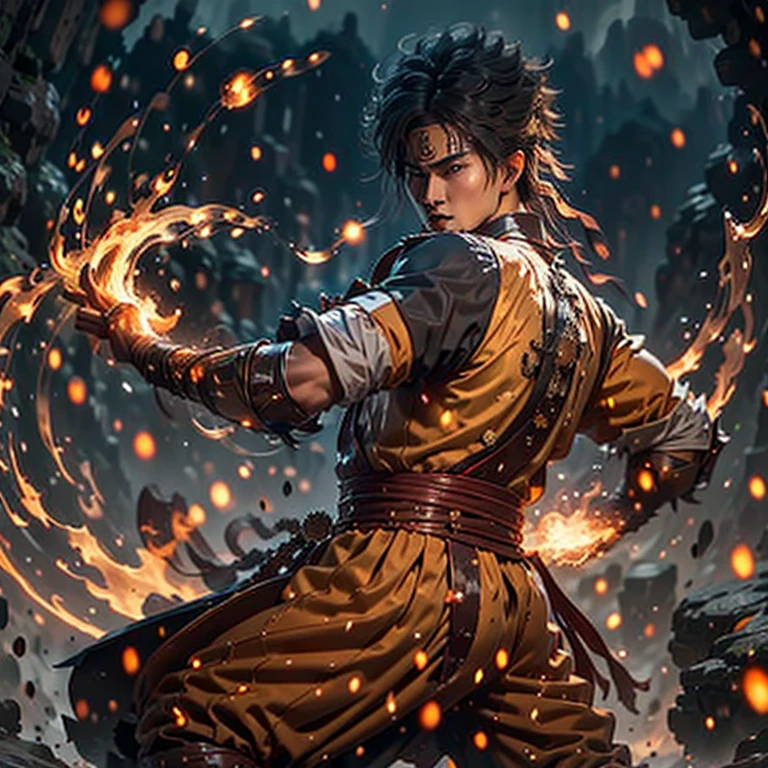 Masterpiece level, ultra high definition, Liu Kang with fiery hands and electrifying eyes, wearing traditional fighting outfit, yellow and red robe, emphasizing defined muscles, toned abs, short black hair, spiky and standing on a solid, textured background, fluid fire effects surrounding his hands, electric aura gleaming from his eyes, intensity captured in every detail, realism: 1.5.