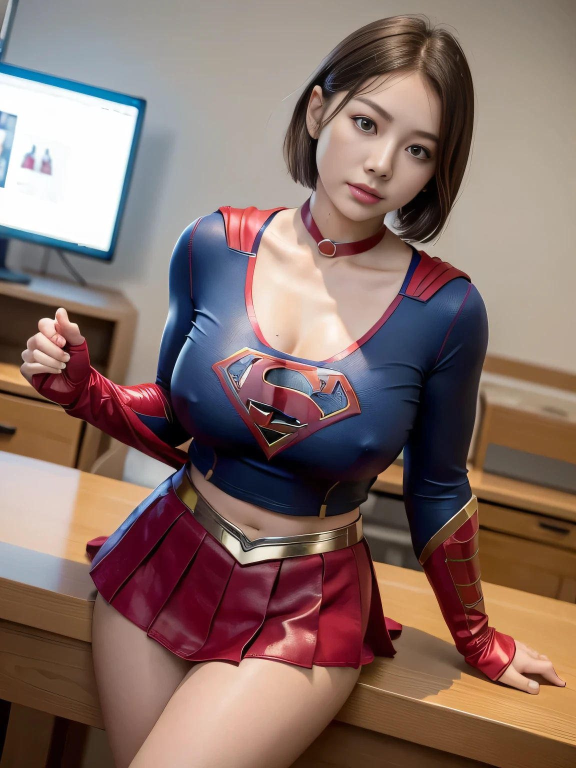 masterpiece、Supergirl costumes、short hair、barefoot、big and full breasts、Research room、operating table、straddle、Tattered、shiny、look at the camera、Seduce、choker、long sleeve、red mini skirt、Cowgirl