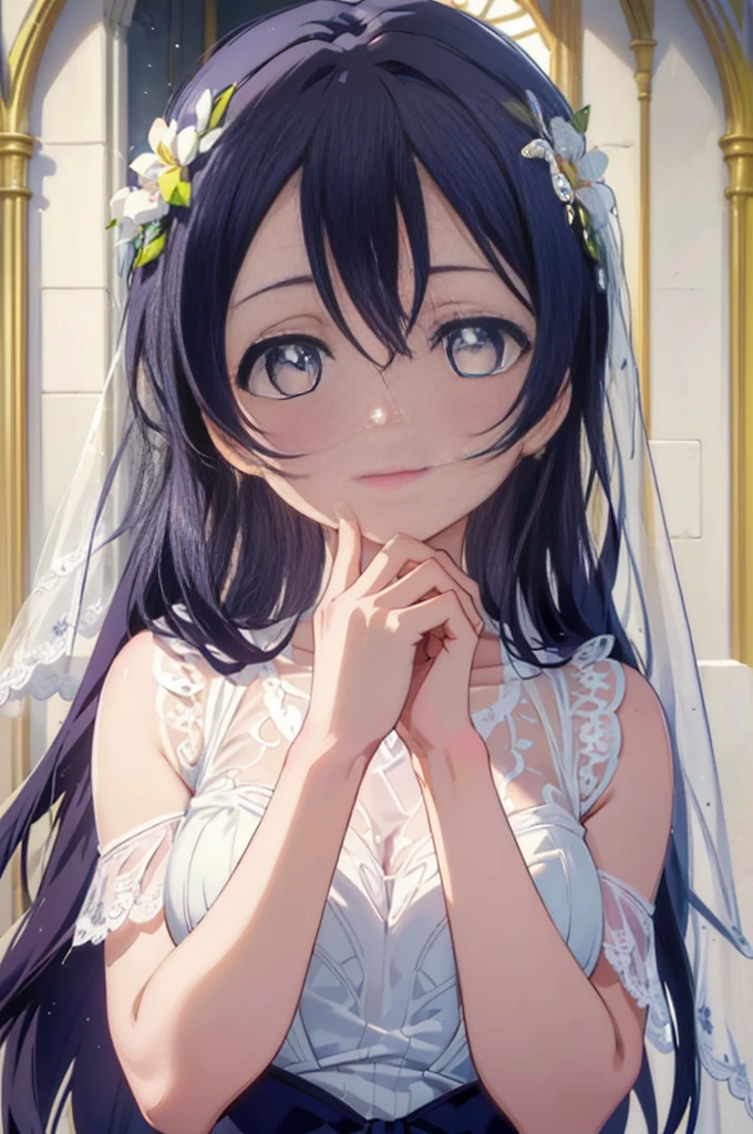 (((pixel perfect, detail perfect))), alone, 1 girl, Umi Sonoda, , looking at the viewer, smile,Wedding dress,veil,bouquet,church,chapel,(masterpiece:1.2), highest quality, High resolution, unity 8k wallpaper, (figure:0.8), (beautiful and fine eyes:1.6), highly detailed face, perfect lighting, Very detailed CG, (perfect hands, perfect anatomy),