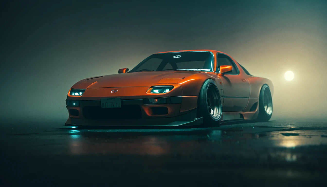 (intrincated details:1.2), (photorealistic), (masterpiece), (photography), cinematic lighting, cyberpunk city, fog, Mazda RX-7	Sports car	1978-1992, ground vehicle, motor vehicle, no humans, scenery, solo, vehicle focus, night time, front quarter