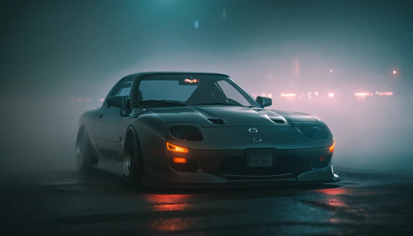 (intrincated details:1.2), (photorealistic), (masterpiece), (photography), cinematic lighting, cyberpunk city, fog, Mazda RX-7	Sports car	1978-1992, ground vehicle, motor vehicle, no humans, scenery, solo, vehicle focus, night time, front quarter