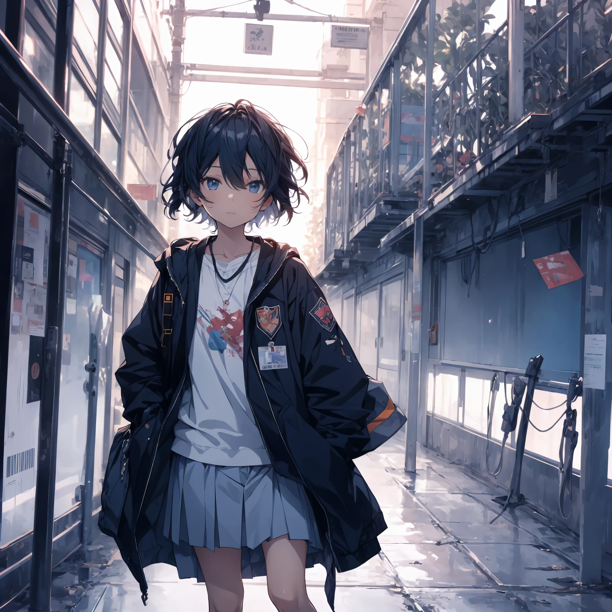 ultra-Top-quality, ultra-detailed, high resolution, anime moe artstyle, best anime 8k konachan wallpaper, pixiv contest winner, perfect ???????, break,(Please draw a girl walking sleepily to school alone. ),break, a hyperrealistic schoolgirl, (Solo,Loli, child,13-year-old:1.3),Full limbs, complete fingers,a junior high school student, androgynous charm, (very short hair), messy hair, flat chest, Small butt, groin, Small black eyes,beautiful detailed eyes, well-proportioned iris and pupils, disgusted eyes, highres detailed hair, school Uniform, (skirt), in the School commute route. break,super detailed skin, Best lighting powered by famous artist, 8k, illustration,