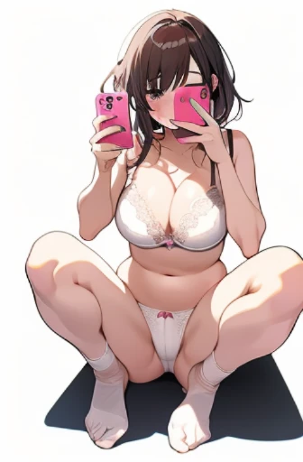 Anime girl takes selfie with smartphone, holding smartphone in front of covering face, sexy bra, pantie, navel, (((white background))), huge breasts, on floor, m legs, spread legs,
 thong,