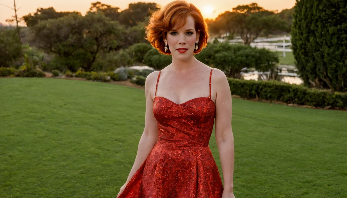 beautiful girl ("Molly Ringwald"), (25 anos), corpo inteiro, (vestido de noite vermelho brilhante 1.2), vestido com fenda, dress with straps, caminhando no lindo jardim com um chafariz jorrando agua, sunset, photo taken from a distance,