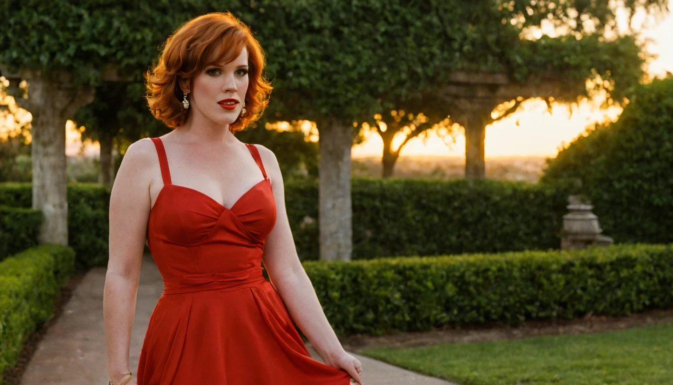 beautiful girl ("Molly Ringwald"), (25 anos), corpo inteiro, (vestido de noite vermelho brilhante 1.2), vestido com fenda, dress with straps, caminhando no lindo jardim com um chafariz jorrando agua, sunset, photo taken from a distance, 