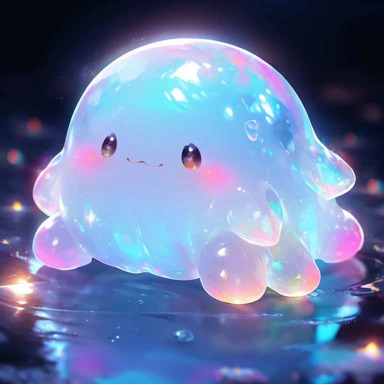 Glossy iridescent colorful slime, Cute face,Vivid and translucent texture, Slime stretch and squash, Detailed, Seductive patterns and swirl, Sparkling and reflected light, Fun to touch and play with, A masterpiece of high resolution, Vivid colors, Illuminated by soft studio lighting.