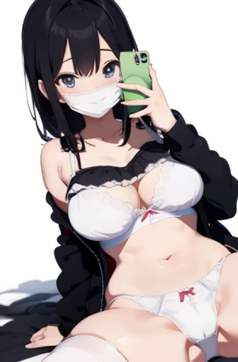 Anime girl takes selfie with smartphone, holding smartphone in front of covering face, sexy bra, pantie, navel, (((white background))), huge breasts, on floor, m legs, spread legs,
 thong,