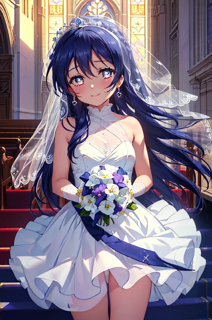 (((pixel perfect, detail perfect))), alone, 1 girl, Umi Sonoda, , looking at the viewer, smile,Wedding dress,veil,bouquet,church,chapel,(masterpiece:1.2), highest quality, High resolution, unity 8k wallpaper, (figure:0.8), (beautiful and fine eyes:1.6), highly detailed face, perfect lighting, Very detailed CG, (perfect hands, perfect anatomy),