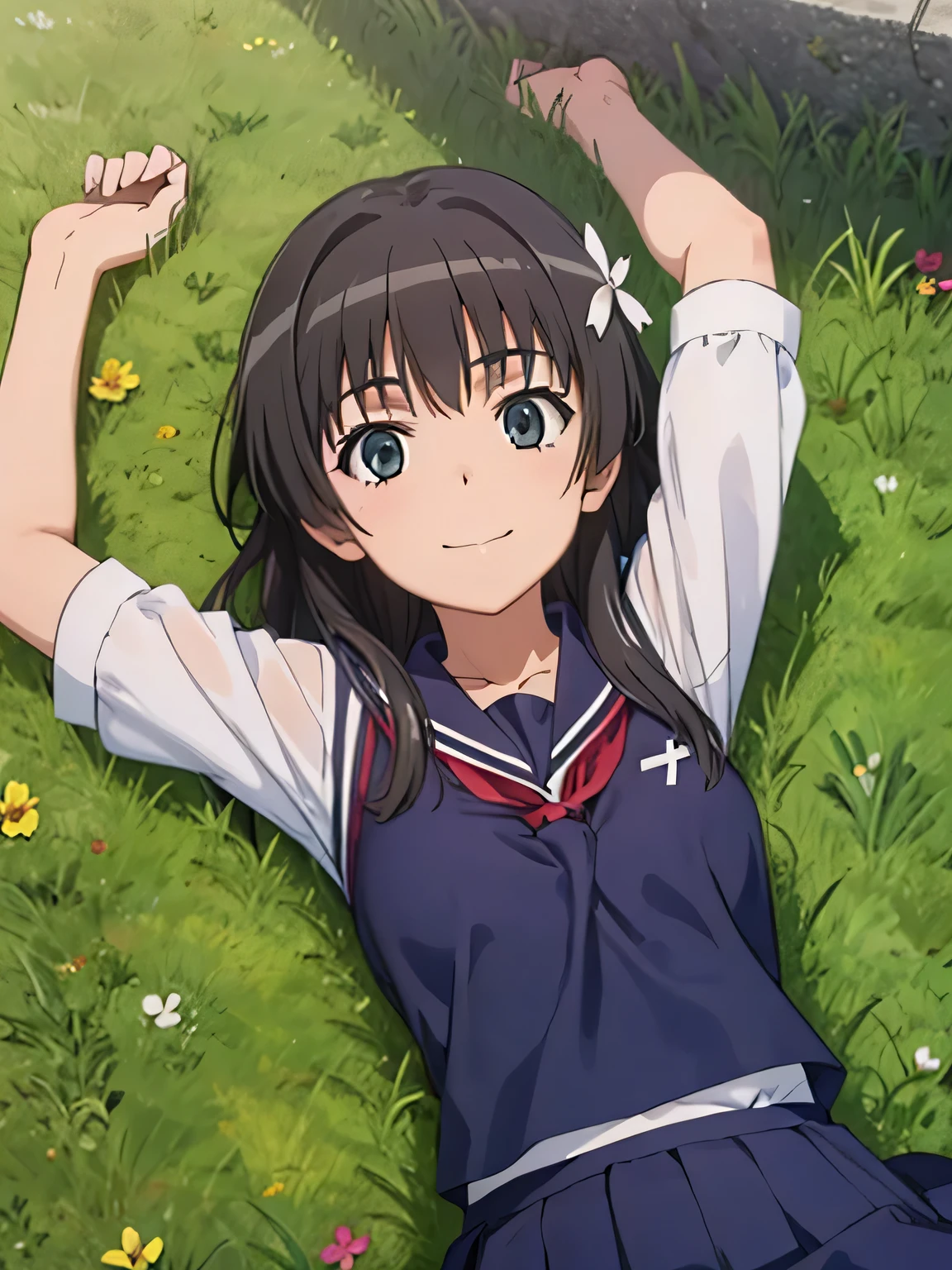 (((pixel-perfect, detail-perfect))), solo, 1girl, saten ruiko, sakugawa school uniform, looking at viewer, closed mouth, spread arms, arms up, on back, on grass, looking at viewer, solo, center, smile, blushing,