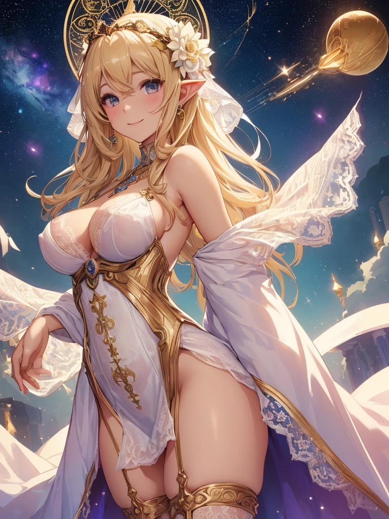 highest quality、Highest image quality、masterpiece、Super beautiful elf beauty from behind((22 years old OL big bust、bust 90,beautiful long ironed hair、blonde、globe、、slender、Close-up、Esbian、beautiful tiara、High quality、beautiful art、background((starry ski)))muste piece、visual art、Depth of bounds written、low angle of morning sky、、elf ears、、magic of light、space knight、harp melody🎵、A happy smile、gentle light、、Beautiful legs that are gentle on the skin、、、Number of fingers to achieve precise finger movements、ticker beautiful decorative、elegant、mystical rosa、 heaven、marble columns, beautiful dressy、magnificent marble dome、giant galaxy、religious painting、embrace the earth、temple of time、great watch、hourglass、sundial、moment of creation!myth、alphonse mucha art、art nouveau、ancient greece、Rome、byzantine art、gold foil、Raphael's paintings、renaissance art、Lord of the Ring、sexy、friendly smile、lingerie、underwear、 body stocking. nsfw
(gorgeous body stocking:1.3), (intricate lace:1.4), (see thorough:1.5), (morning1.5)