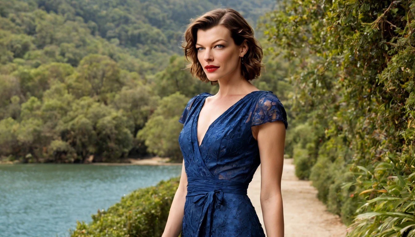 beautiful girl (Milla Jovovich), (25 anos), corpo inteiro, (vestido detalhado Azul), vestido com fenda, Caminhando por um lindo jardim de cerejeiras e com um pequeno lago.