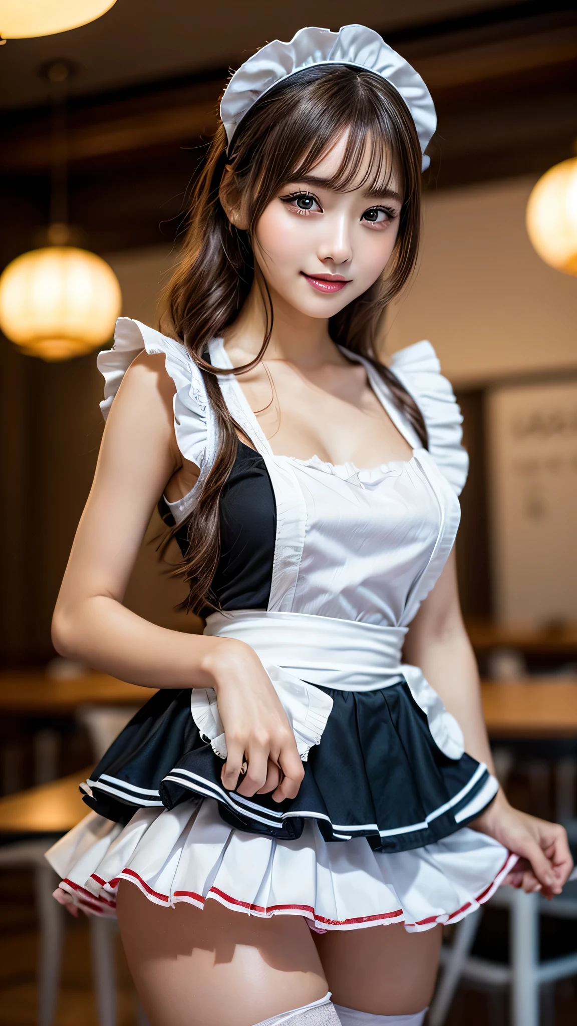 (1young girl), Brown hair, Amazing face and eyes, Pink eyes, enchanting smile, (Maid cafe costume with frills, Pleated mini-skirt:1.5), (Maid cafe costume with wide open:1.2), bared chest, (amazingly beautiful girl), Brown hair, stylish hair ornament, (Best Quality:1.4), (Ultra-detailed), (extremely detailed CG unified 8k wallpaper), Highly detailed, High-definition raw color photos, Professional Photography, depth of fields, (panties:1.2), (View from below:1.2),
