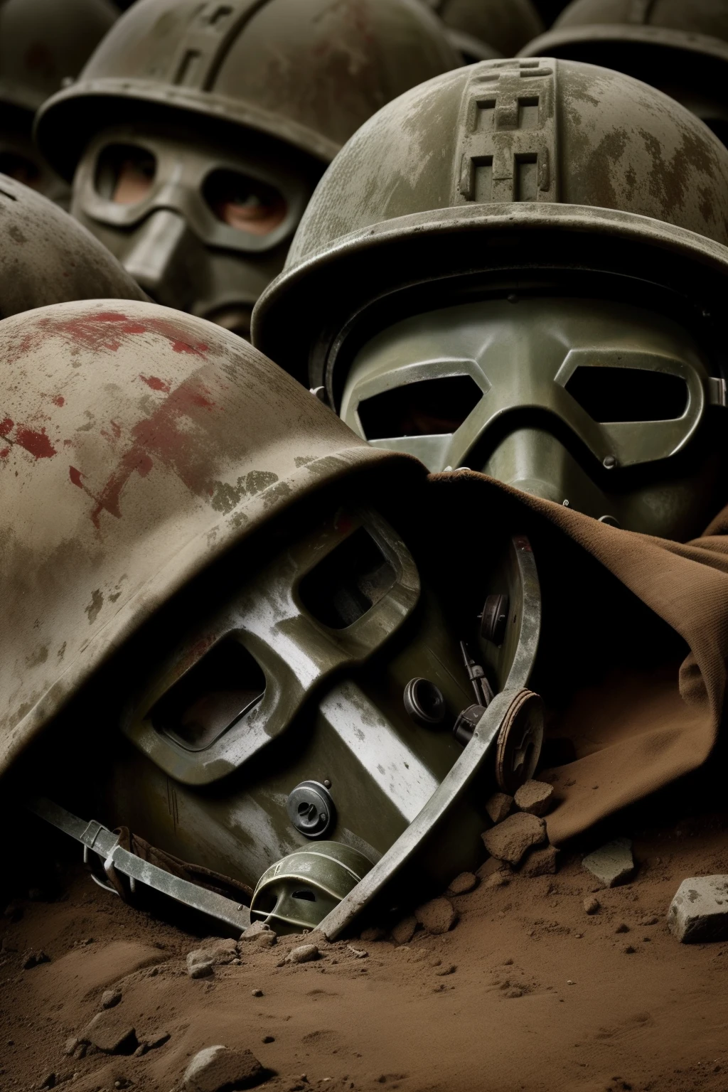 RAW photo in sequence, uma cena dos trincas da WW1, ((detalhes de trincas, mineradores de morte, sangue, soldados mortos)), soldiers&#39; faces hidden by gas mask, fuses, rifles, ammo, gas fog, tema escuro, noir, tudo em preto e branco exceto o sangue.

This sequence of RAW photos depicts a WW1 trench scene, ((details of trenches, mine-layers, blood, dead soldiers)), faces of soldiers hidden by gas masks, explosives, rifles, ammunition